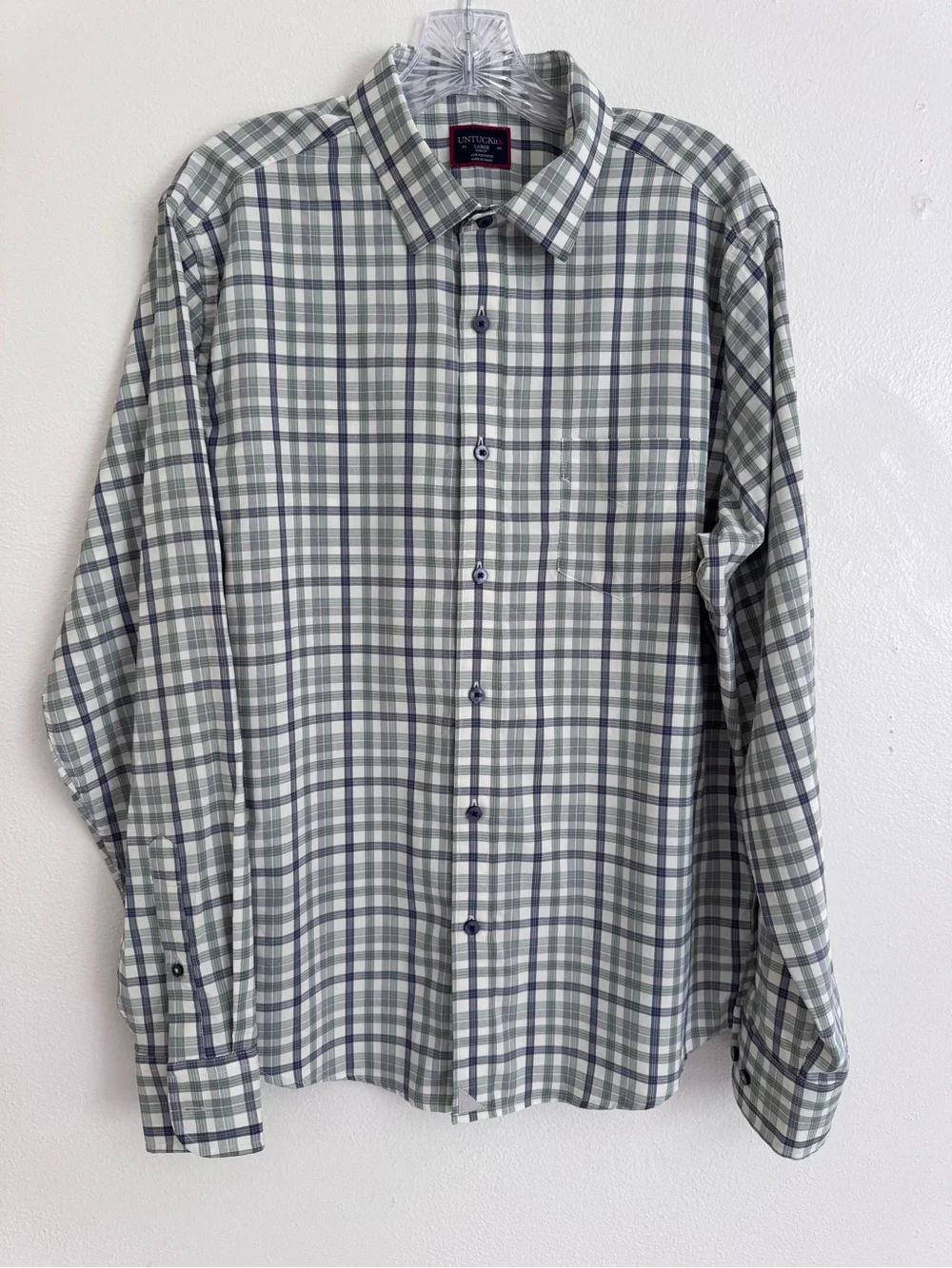 UNTUCKit Men’s Gray Green Navy Plaid Shirt Large Slim Fit